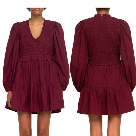 Sea NYC Gaia smocked Burgundy v neck mini dress - Picture 1 of 5